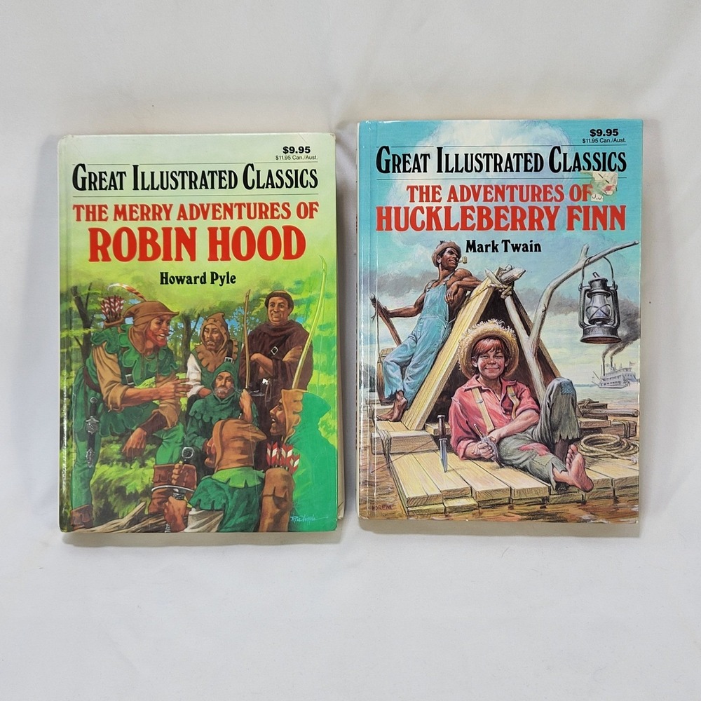 Great Illustrated Classics Robin Hood & Huckleberry Finn Hardcover Book Set 1990